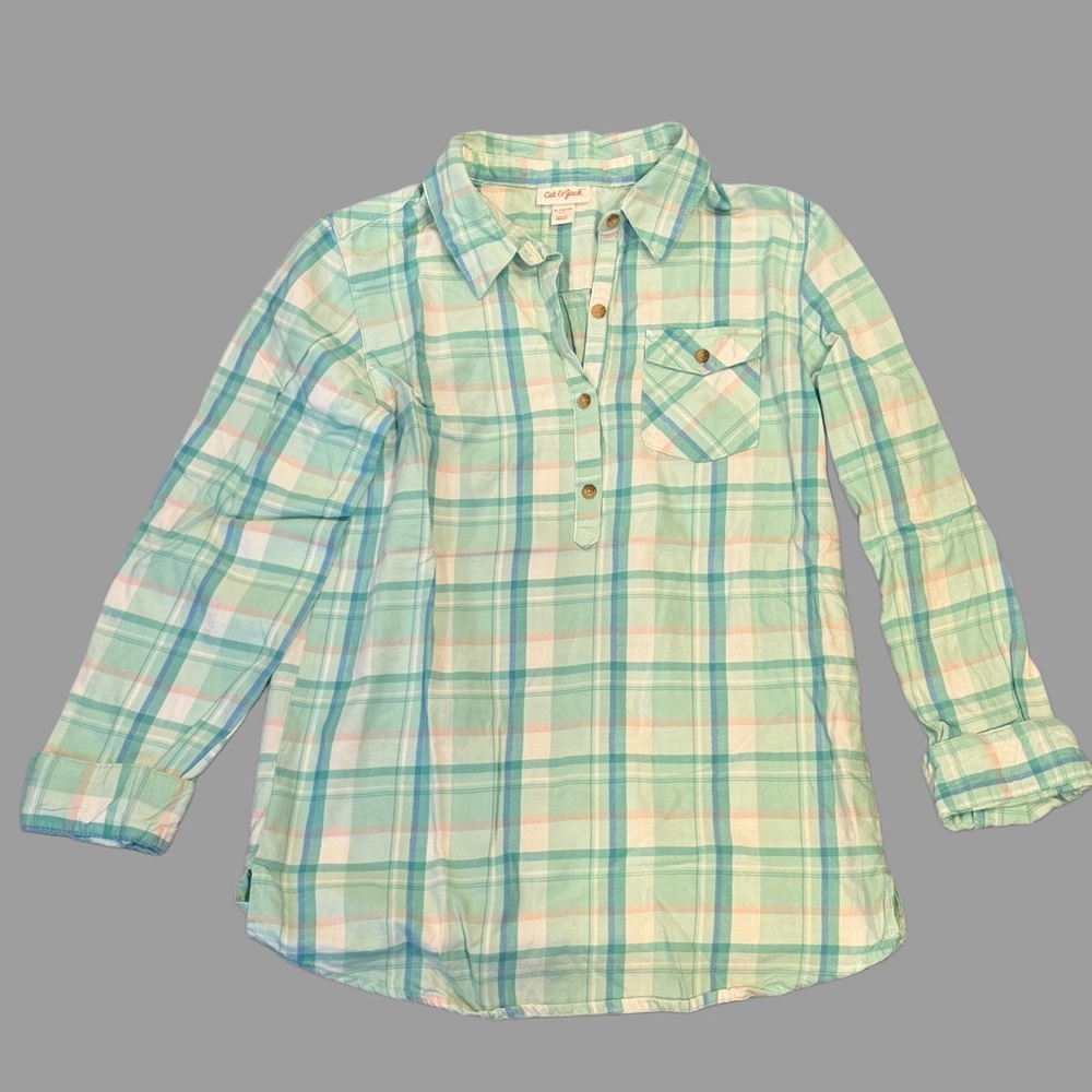 Cat & Jack Mint Green, Light Pink & Blue Plaid Button-Up Shirt
